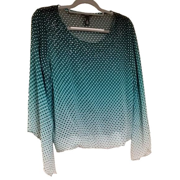 Alfani Printed Kimono-Sleeve Bubble-Hem Blouse (Squares & Circles Teal) Top Sz S - Picture 1 of 8